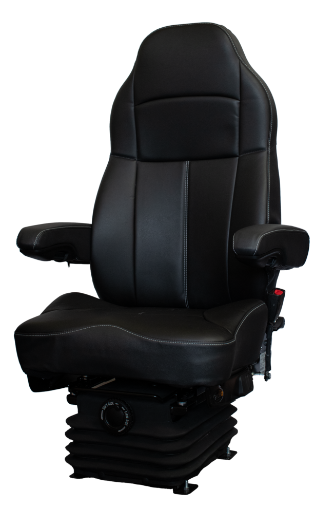 Comfort Series seating. Black vinyl seat with armrest, heavy duty suspension and bellows.